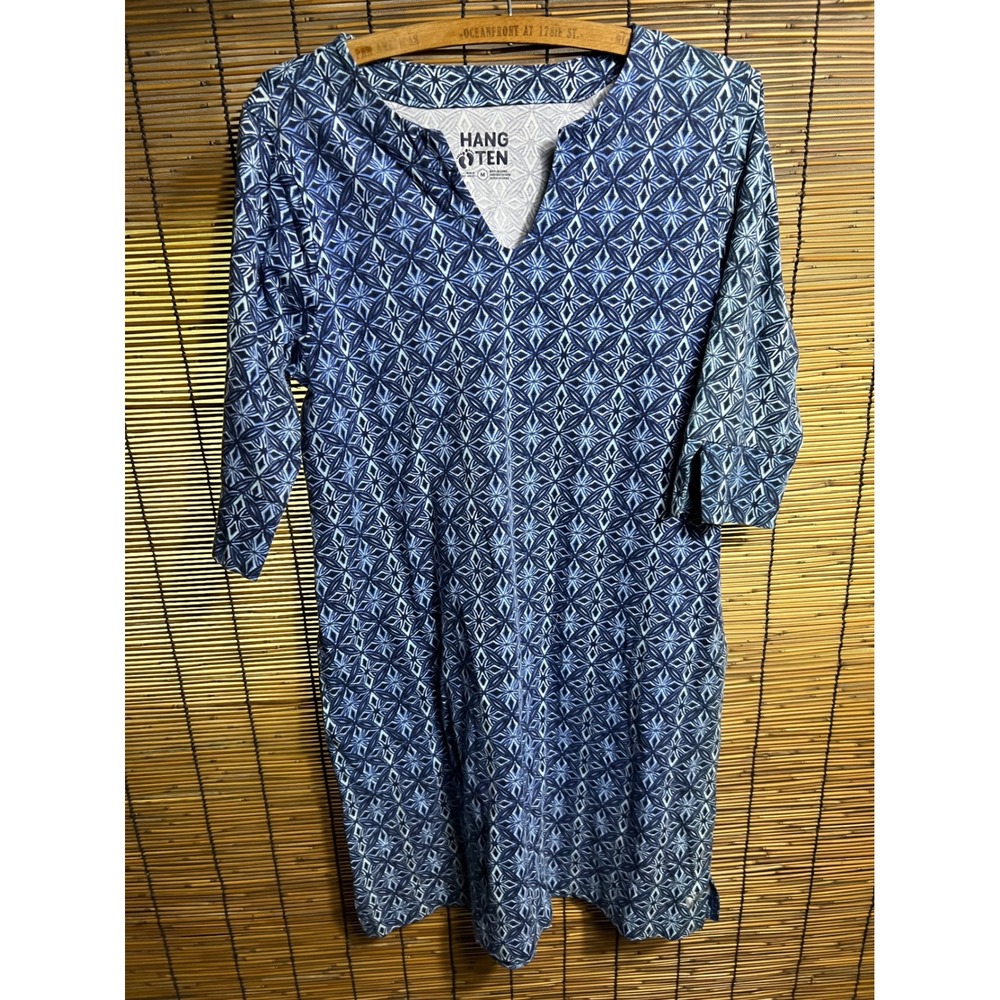 Hang Ten Blue White Geometric Print V-Neck Shift Dress with Pockets Size M